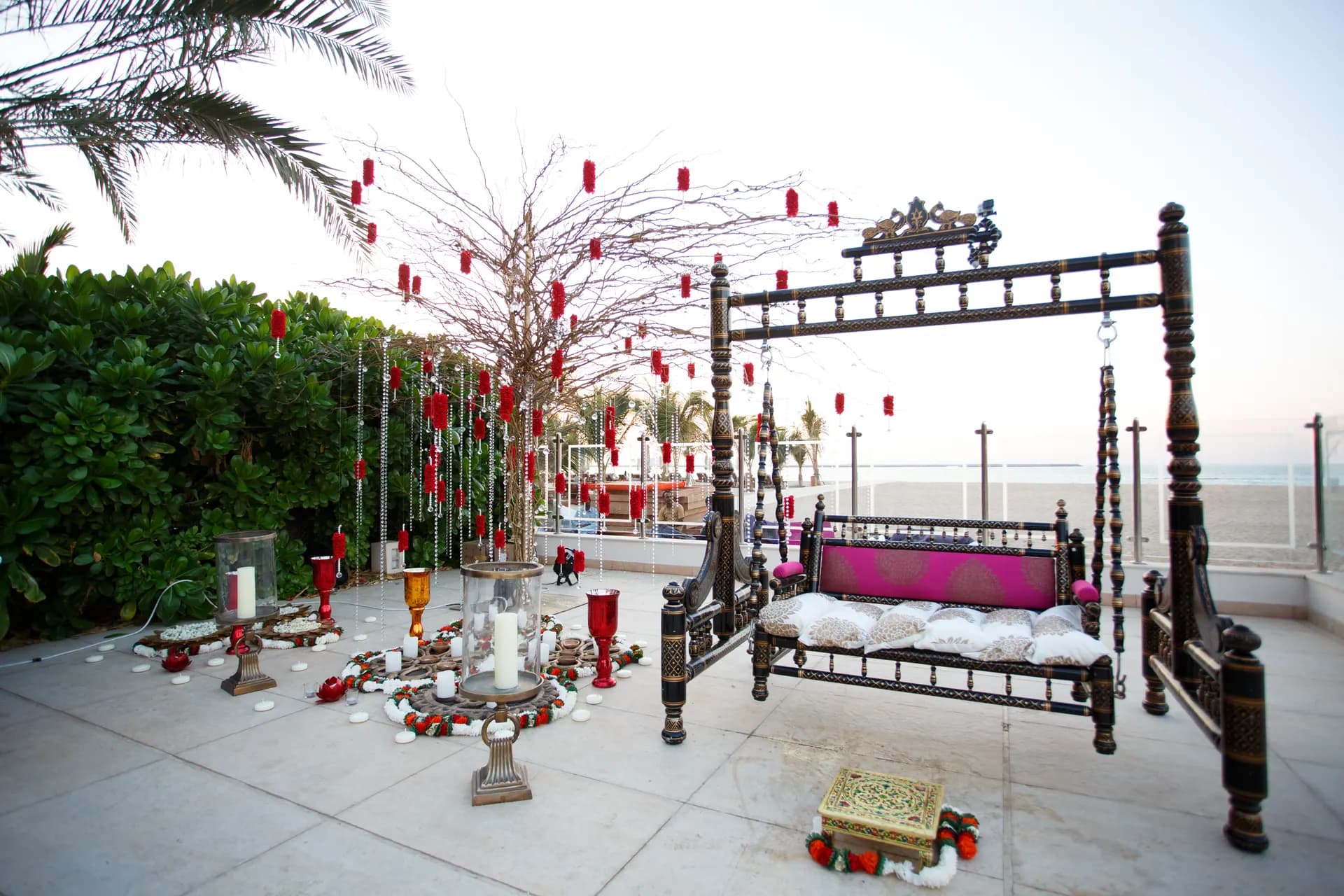 Outdoor wedding ceremony setting with floral decor and guest seating