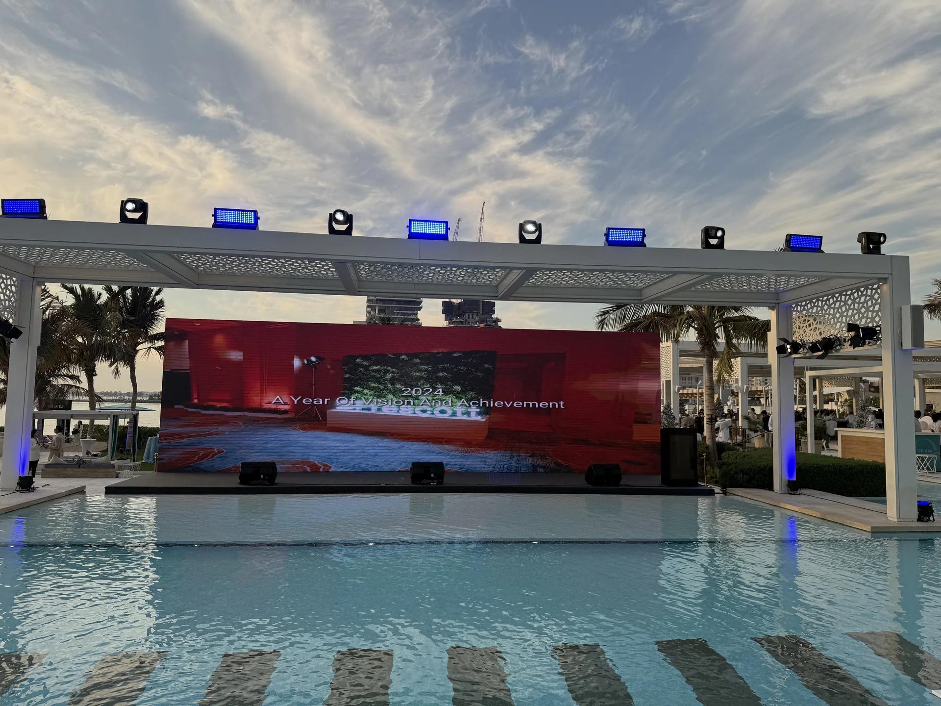 Outdoor production environment beside a resort pool, illustrating destination-event planning